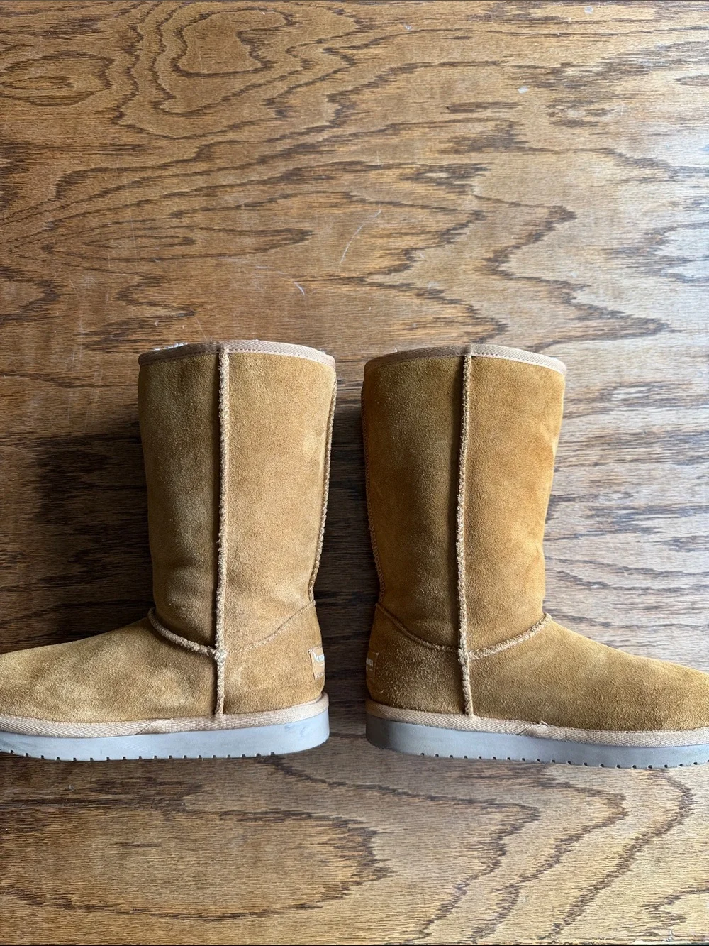 Koolaburra Kids Tan Suede Boots with White Fur Pom-Poms